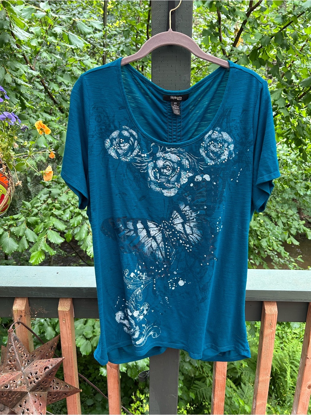 Style & Co. Teal Scoop Neck Butterfly & Rose Graphic Short Sleeve Top